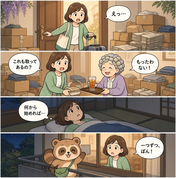 4コマ漫画「お盆の帰省で絶句」。帰省したさとみが物の多い実家に驚き、母ふみは「もったいない」と言い、夜に悩むさとみの前にタヌキのぽん助が現れて「一つずつ、ぽん！」と声をかける。※この漫画はフィクションです